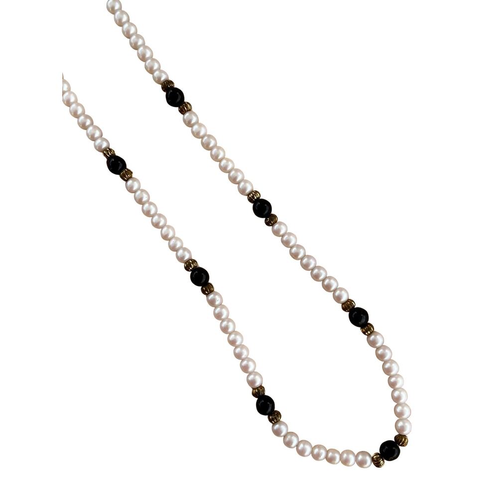 Vintage Glass Pearls and Onyx Strand Necklace